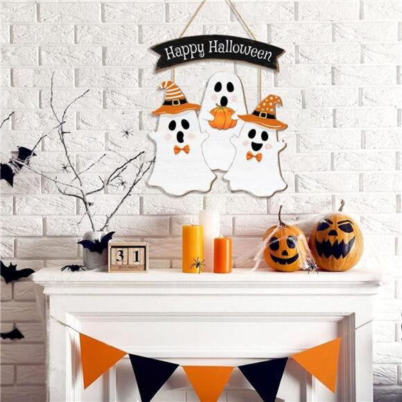 Halloween Ghost Door Sign BOO Decorations, Happy Halloween Wooden Ghost Hanging - Picture 7 of 8